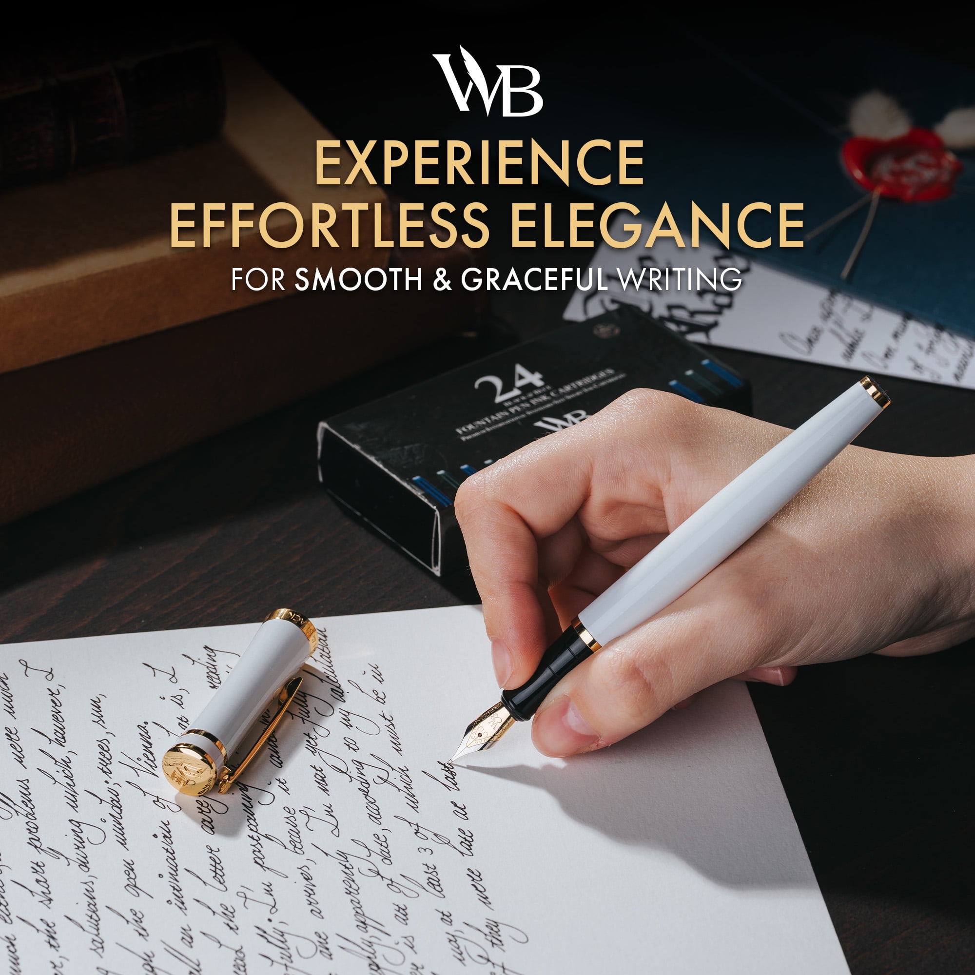 Wordsworth & Black Fountain Pen Set, 18K Gilded Medium Nib, Includes 06 Pack Ink Cartridges, Ink Refill Converter & Gift Box, Gold Finish, Calligraphy, [White Gold], Perfect for Men & Women
