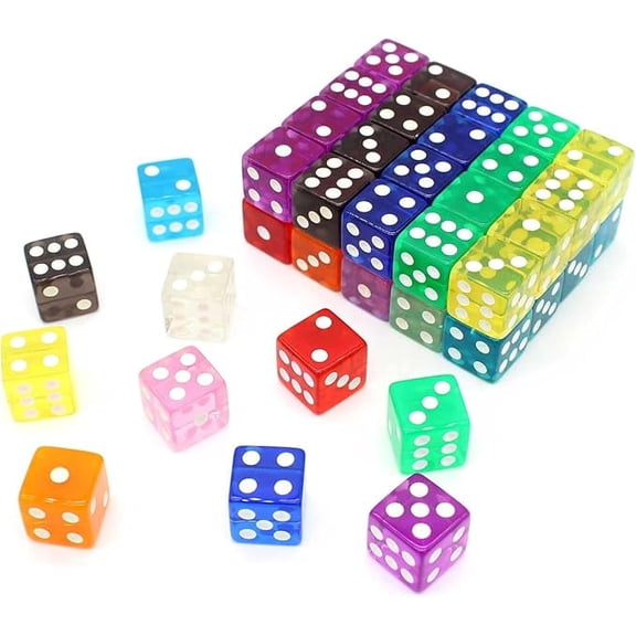50 Pieces Dice Set 16MM Game Dice for Board Game, 6 Sided Dice Set 10 Translucent Dice for Classroom Teaching Math - Square Corner