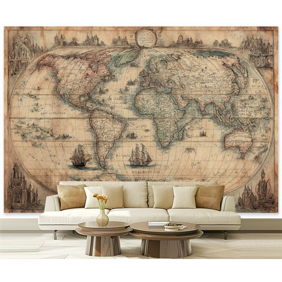 Peel and Stick Wallpaper Antique World Map Detailed Cartography Sailing Ships Modern Art Wall Mural Decor Self Adhesive and Removable 69in x 98in