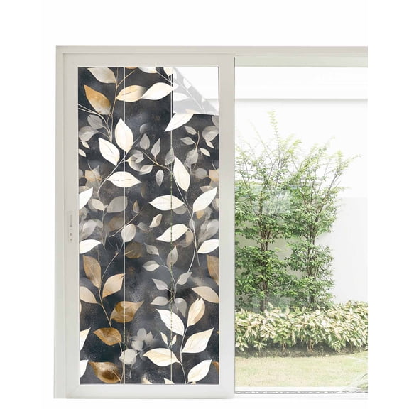 Window Privacy Film Brown White Leaves Stained Glass Window Film Decorative Sun Block Window Cover Farmhouse Vintage Botanical Plants Window Clings Static Adhesive Sticker for Bathroom 35.4"x78.7"