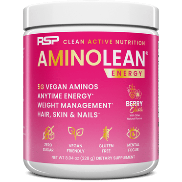 RSP Nutrition AminoLean Pre Workout Powder with BCAAs, Amino Energy for Lean Muscle, Berry Elixir, 30 Servings