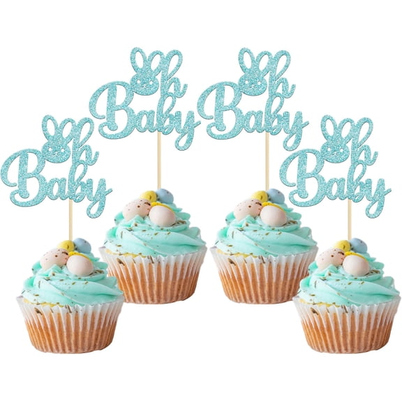 12pcs Blue Glitter Bunny Oh Baby Cupcake Toppers Happy Easter Rabbit Baby Cake Decoration Picks for Bunny Ear Easter Theme Babyshower Party Decorations