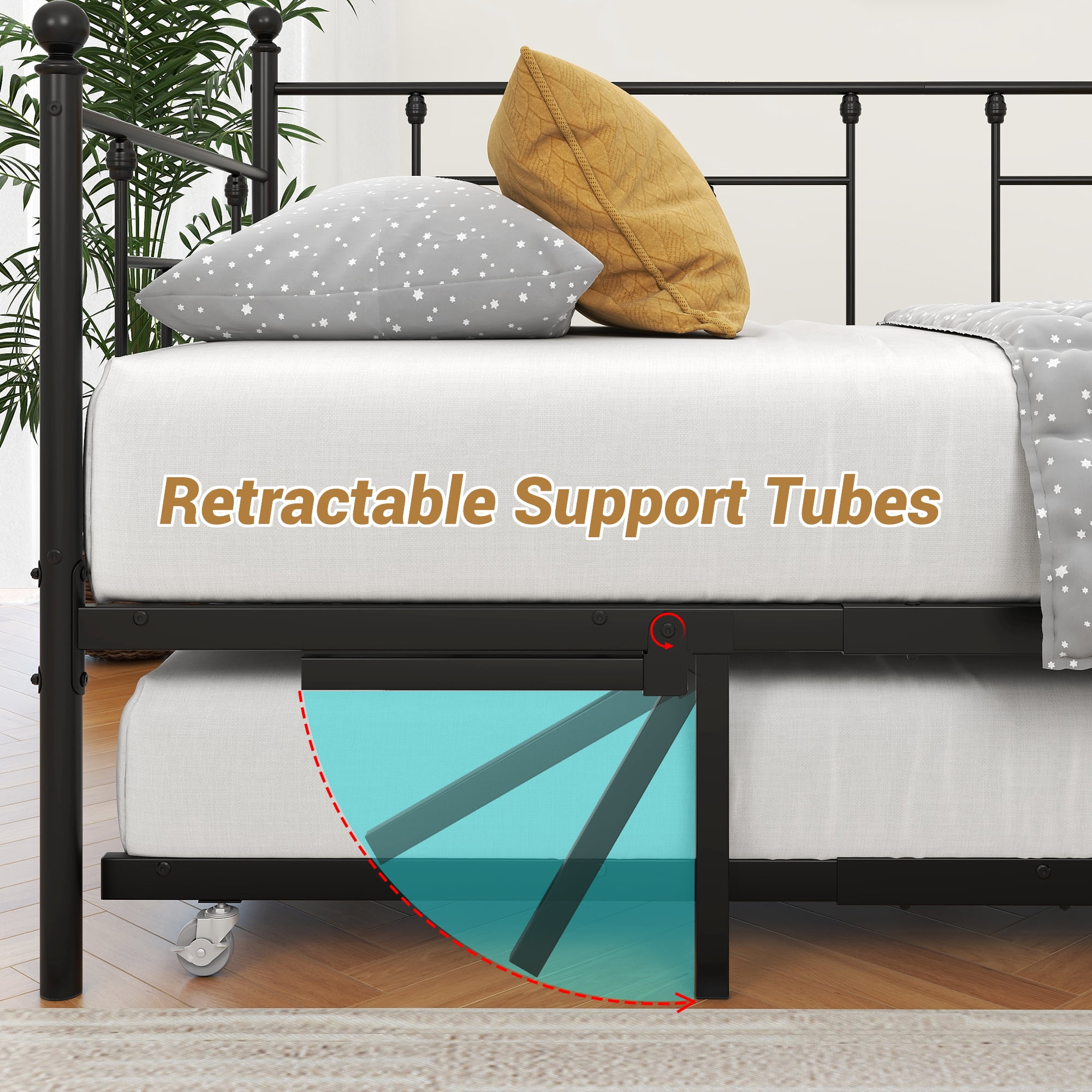 MAYEERTY Twin Size Black Victorian Style Metal Daybed with Trundle: Versatile Sofa Bed for Guest Room, Bedroom & Living Room​