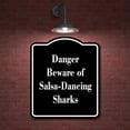 thumbnail image 2 of Danger - Beware of Salsa-Dancing Sharks BLACK Aluminum Composite Sign 20''x24'', 2 of 9