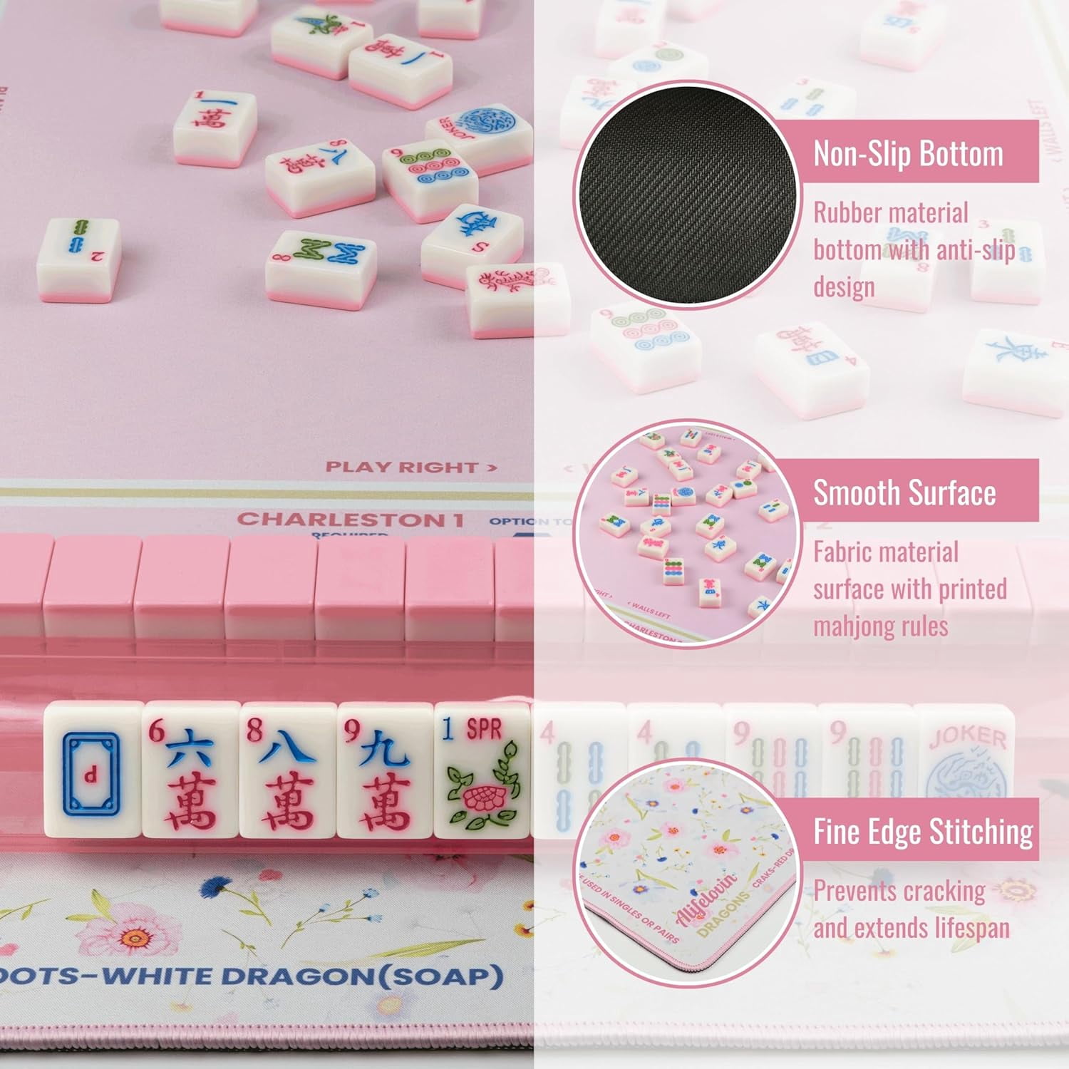 Mahjong Mat - American Mah jongg Mat for Table 32x32 Inch Non-Slip Noise Reduction Mahjong Mat with Rules, Portable Gaming Mat for Poker, Tiles & Dominoes (Pink Blooms)