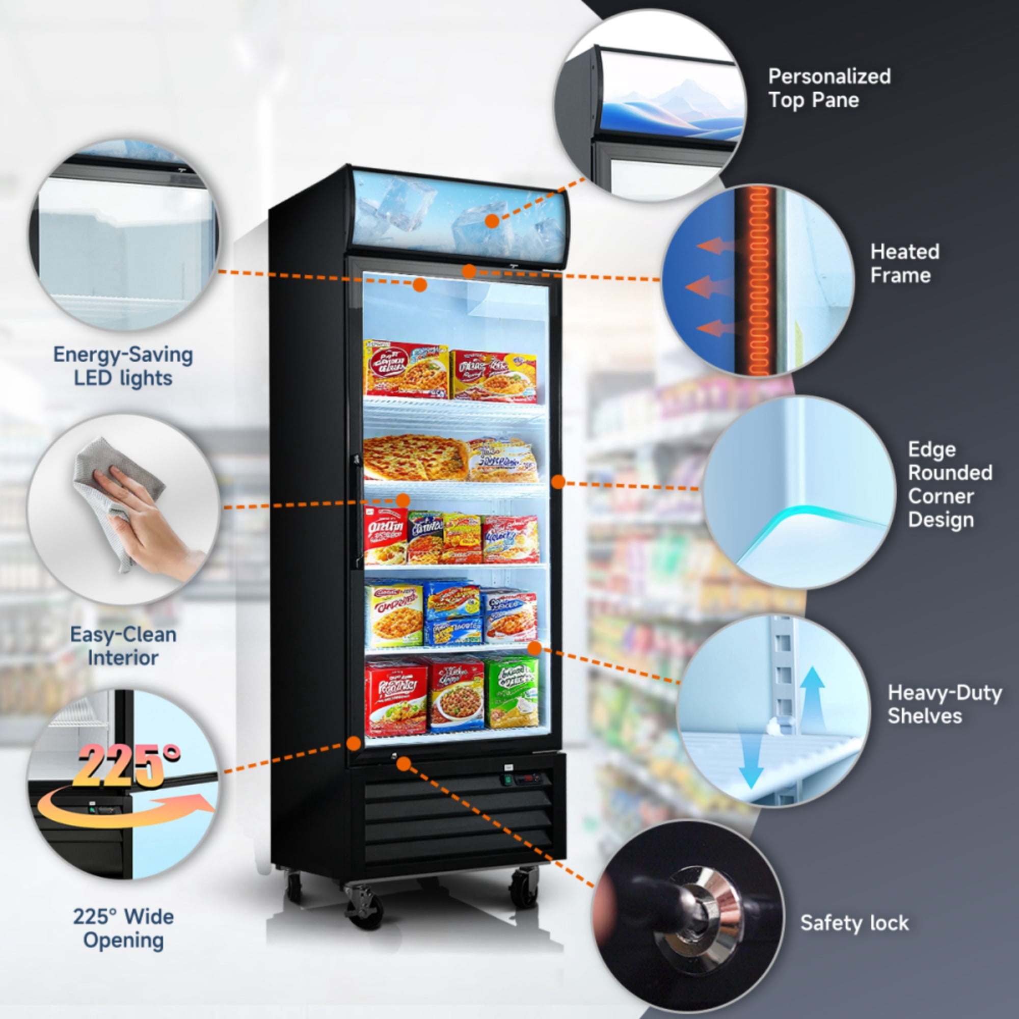 16 Cu.Ft Single Door Commercial Upright Display Freezer Merchandiser Glass Doors With ETL Certified, -8 to -1℉,Auto Defrost, Heated Door Frame, LED Lighting, for Cafes, Restaurants, Stores.
