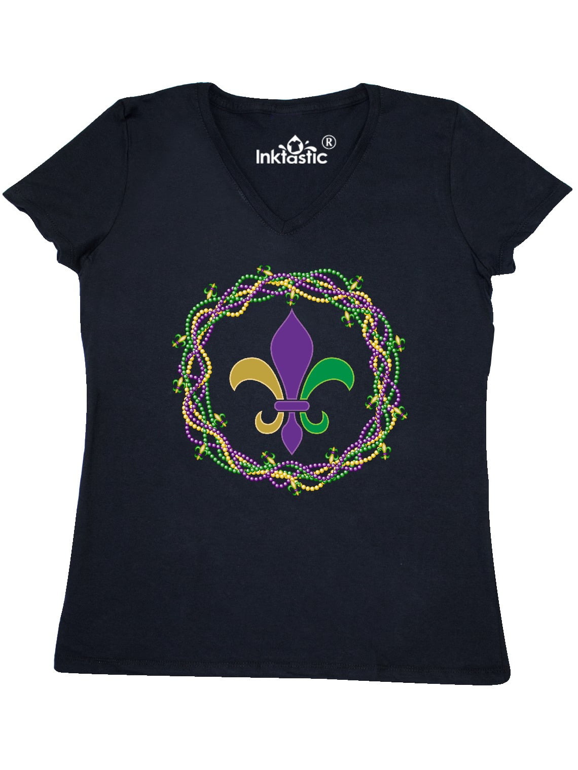 INKtastic - Mardi Gras Fleur de Lis Beads Women's V-Neck T-Shirt ...