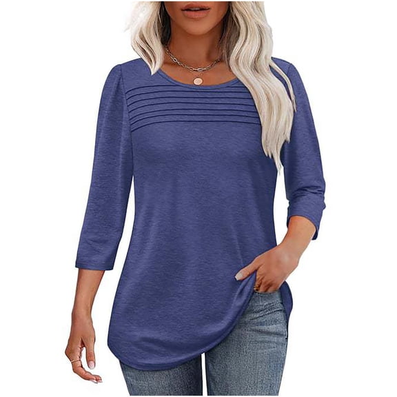 CHGBMOK Crew Neck T Shirts for Women Stripes 3/4 Sleeve Blouses Casual Basic Tee Loose Fit Tunic Going Out Top