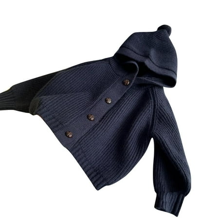 

LNWUY Toddler Baby Boy Girl Fall Winter Knitted Ribbed Sweater Button Down Cardigan Solid Color Warm Hooded Jacket Dark Blue 2 Years