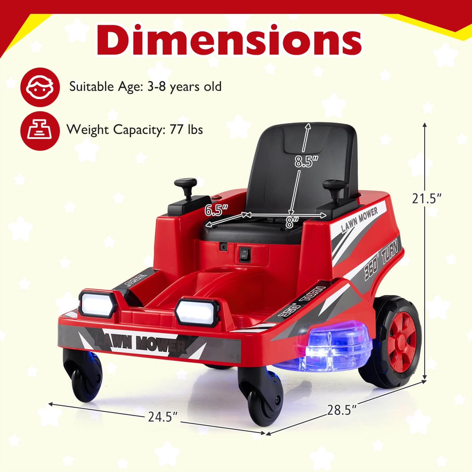 Costway 12V Ride on Lawn Mower with Dual Control Sticks LED Lights Twist Turn for Aged 3-8 Red