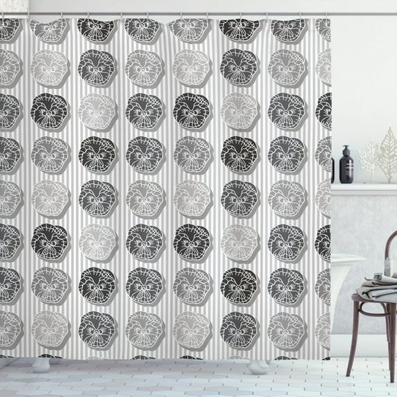 Pansy Shower Curtain, Hand Drawn Like Pattern of Round Garden Elements on a Striped Background, Fabric Bathroom Set with Hooks, 69W X 84L Inches Extra Long, Pale Taupe Dark Grey, by Ambesonne