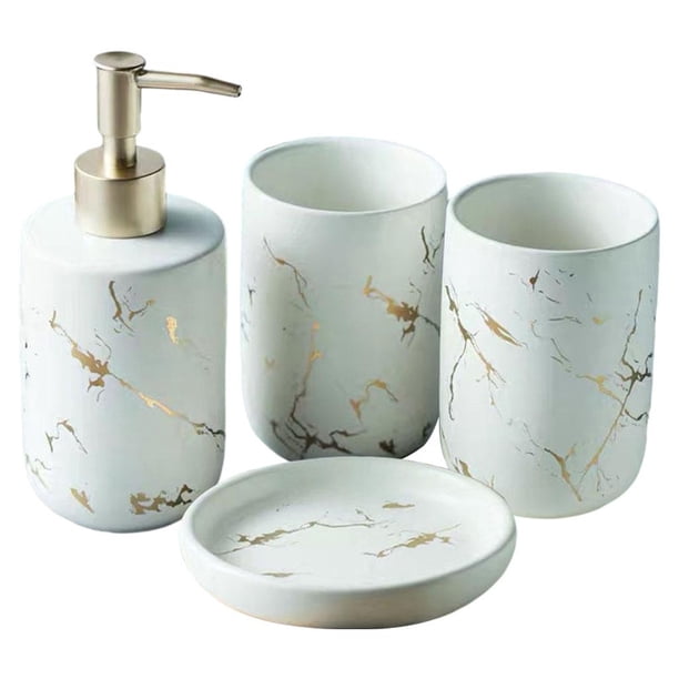 Juego de accesorios de baño de cerámica con diseño de mármol, dispensador de loción y jabonera. Blanco 4 piezas