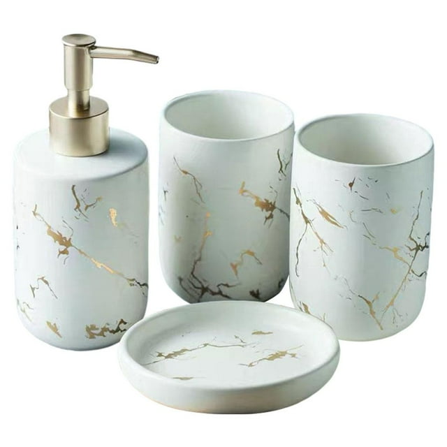 Juego completo de accesorios de baño de cerámica con apariencia de mármol y dispensador de loción. Blanco 4 piezas