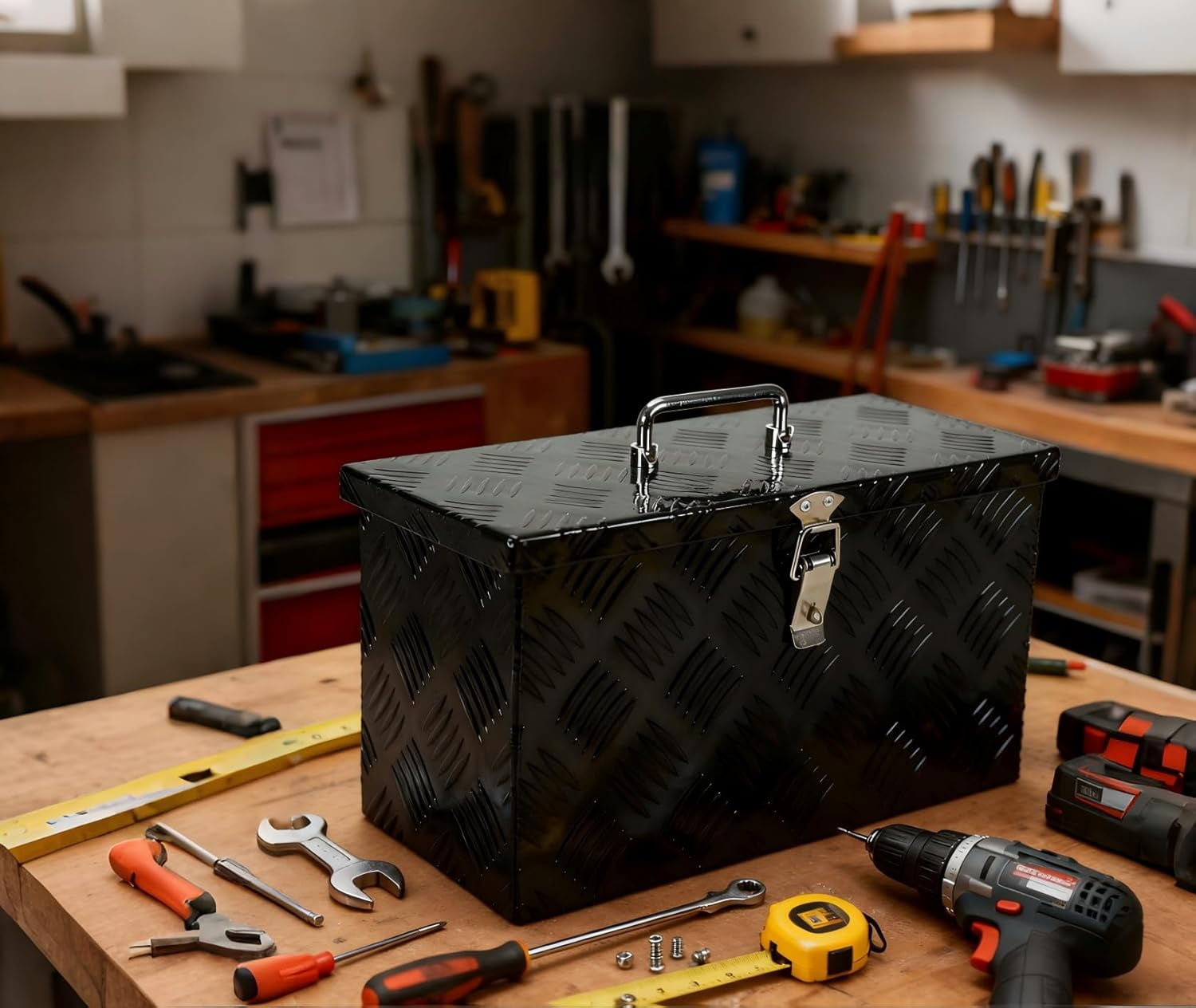 16 Inch Aluminum Truck Bed Tool Box, Stripes Plated Tool Box with Side Handle and Top Handle, Storage Toolbox Chest Organizer for Trailer, Pickup, Truck Bed, RV, 16"x7.5"x10", Black