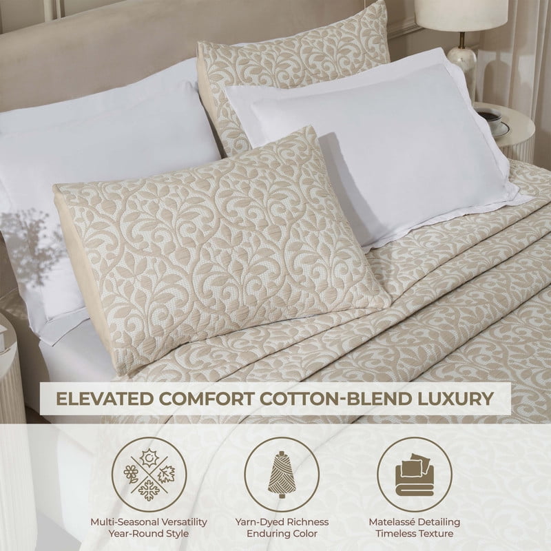 Superior Vineyard Cotton Blend Matelasse Coverlet, Throw, Beige
