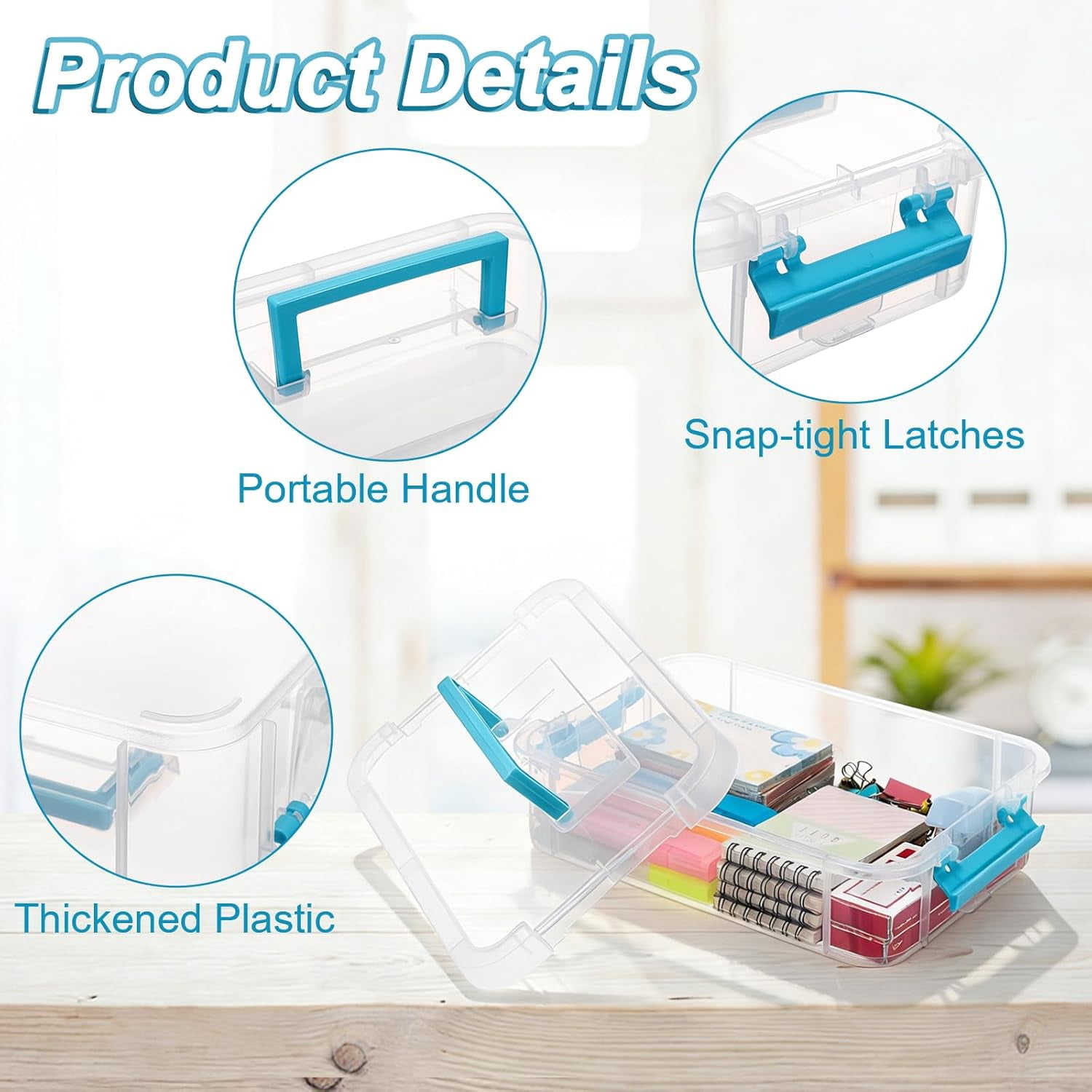 Clear Plastic Storage Box, Portable Organizer Container with Blue Handle, Stackable Storage Bin for Office Home, Multi-Use Container Box with Lid for Stationery Jewelry Craft Sewing Supplies