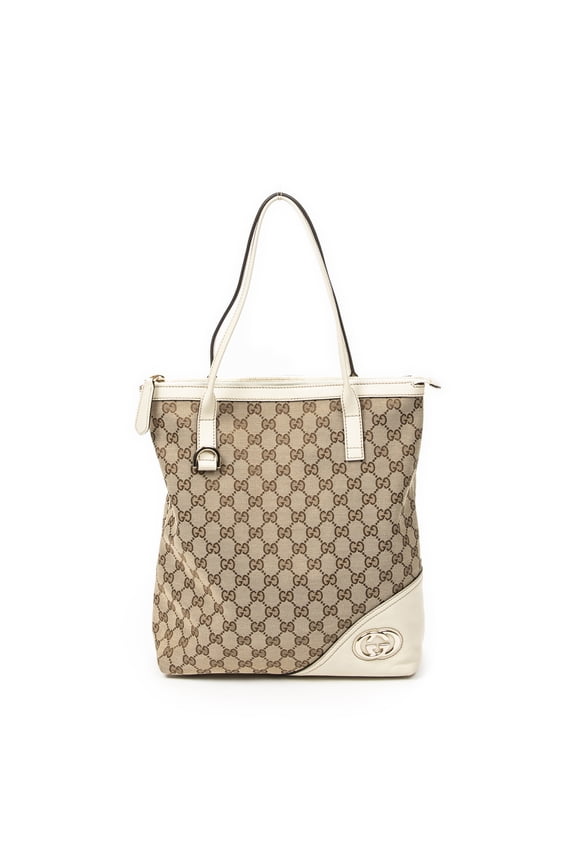 Pre-Owned Gucci Ivory/Beige Vertical Britt Tote Shoulder Bag Monogrammed Canvas