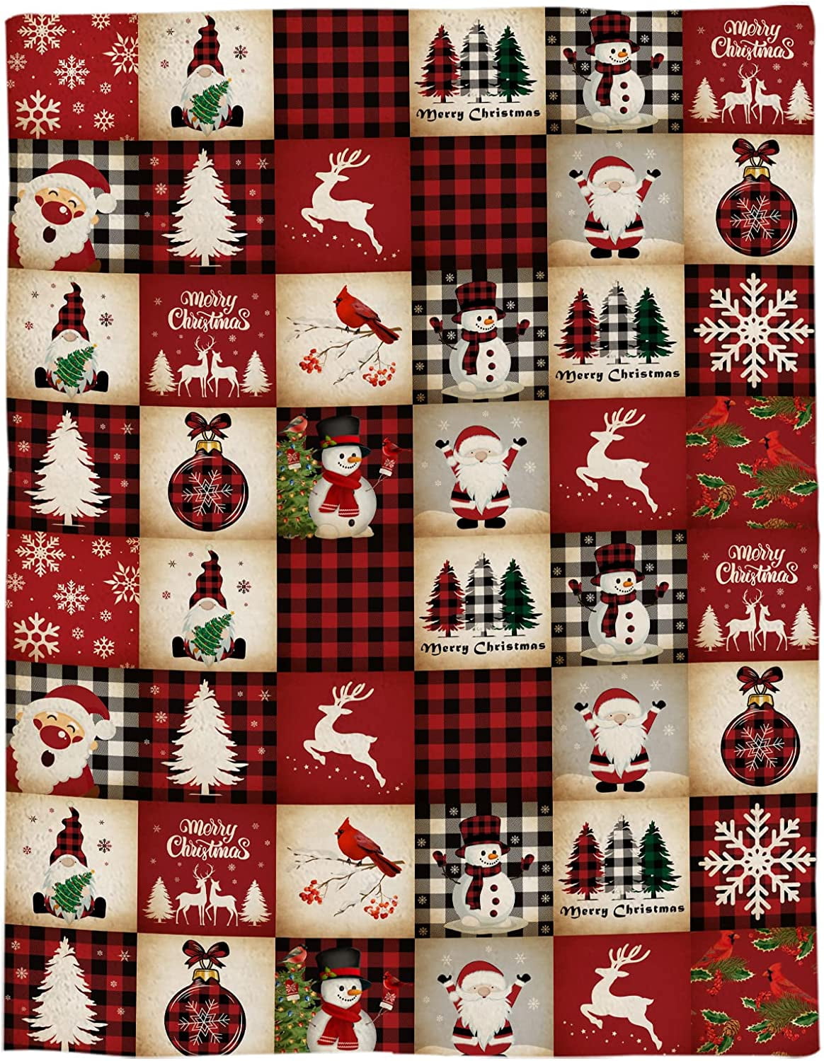Merry Christmas Red Plaid Blanket Super Soft Flannel Fleece Throw Blankets Elk Santa Snowman Xmas Tree Plaid Blanket Lightweight Cozy Warm Fuzzy Plush Microfiber Blankets for Couch Bed Sofa 40x50inch
