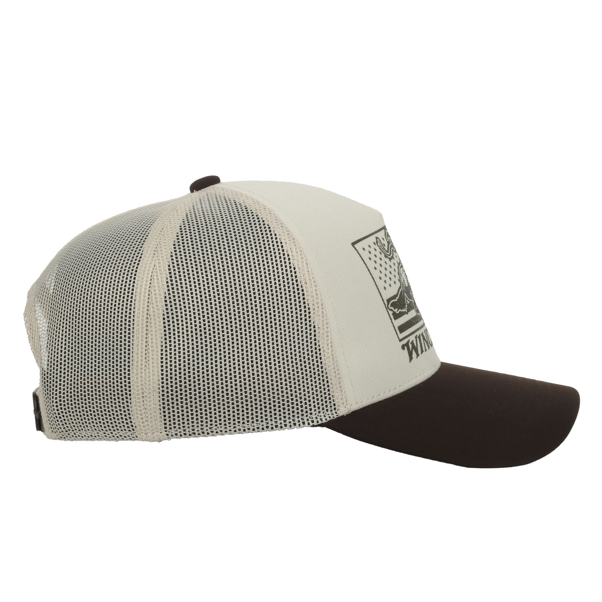 Winchester Structured 5-Panel Trucker Hat – American Flag Screen Print, Meshback Cap, Putty/Brown, One Size