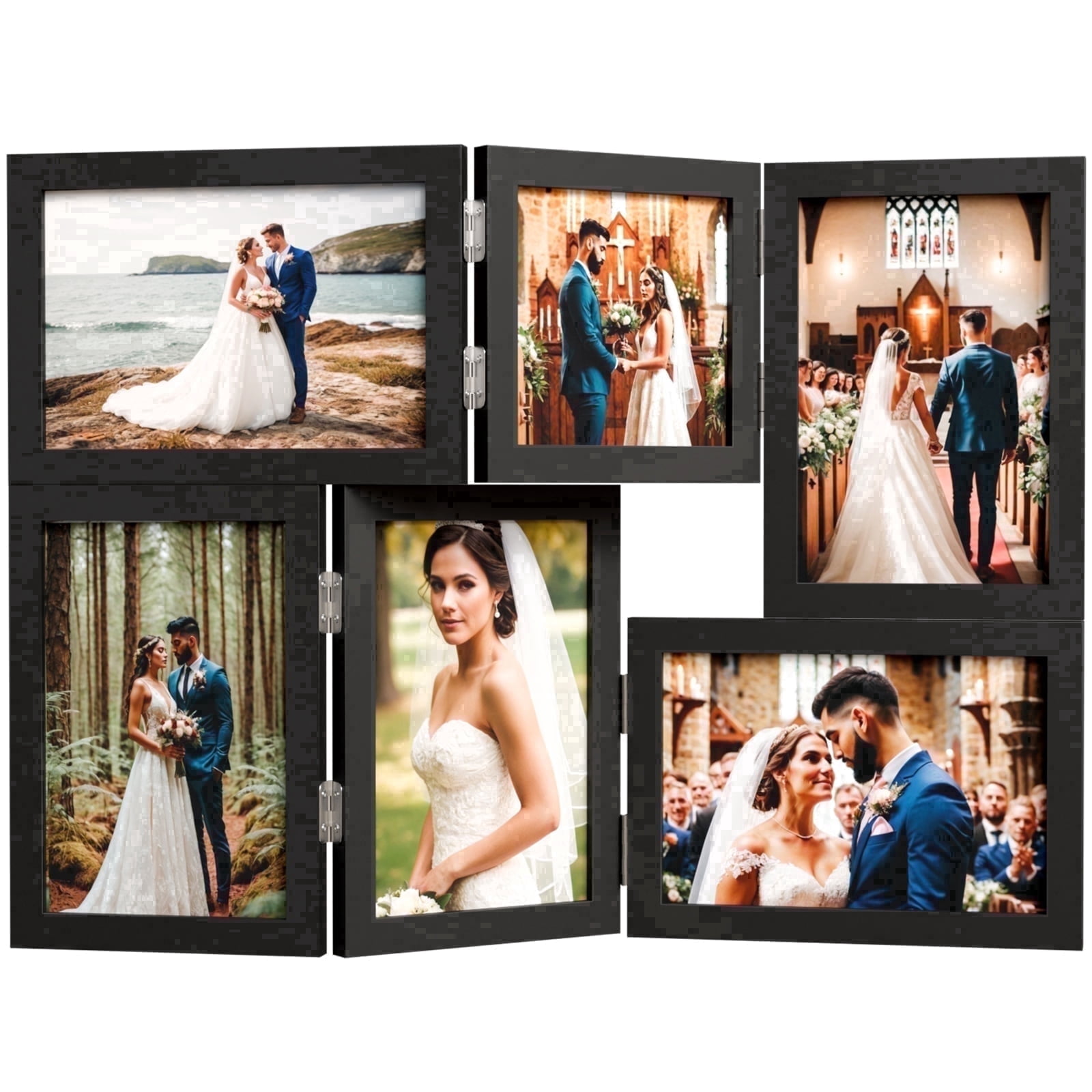 WARM&LOVE Black 6 Picture Folding Photo Frame, 4x6 & 4x4 Collage Rustic Wood Family Photo Frame, Tabletop & Wall Mount Display Decor