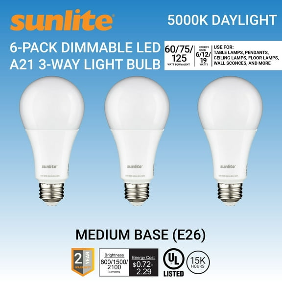 Sunlite 3-Way LED A21 Light Bulb, 6/12/19 Watts (60W 75W 125W Equivalent), Medium E26 Base, Dimmable,UL Listed, 5000K Super White, 3-Pack