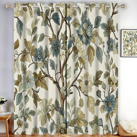 Retro Style Blackout Curtains For Bedroom, Brown Thermal Insulated Curtains For Living Room, Elegant Floral Branches Darkening Drapes 52"W x 90"L (Pack of 2)