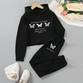 thumbnail image 2 of Bysome Toddler Girls Outfit Set Hooded Solid Color Butterfly Print Casual Fashion Long Sleeved Trousers Hoodie Long Sleeve Crew Neck Girl 2 Pieces Clothes Set Black Size 5-6 Years, 2 of 8