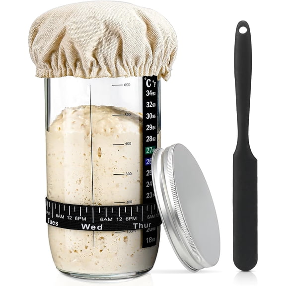 Sourdough Bread Baking Supplies,24 oz Sourdough Starter Jar Glass, Sourdough Starter Kit with Date Marked Feeding Band, Thermometer, Silicone Scraper, Sewn Cloth Cover & Aluminum Lid, Sourdough Jar