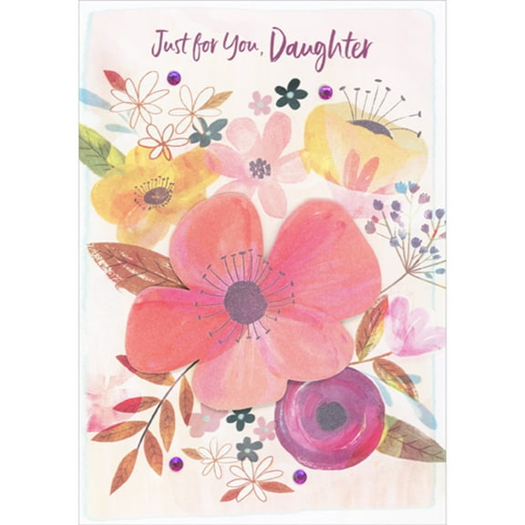 Designer Greetings Large Pink 3D Flower, Purple Gems and Colorful Flowers on Light Pink Background Hand Decorated Mother's Day Card for Daughter