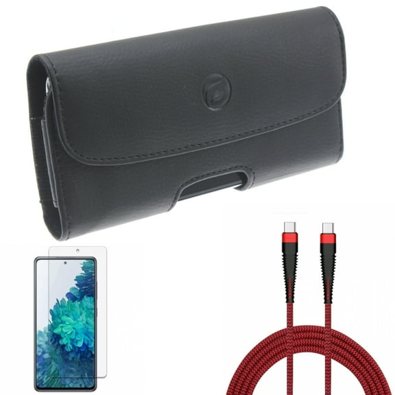 Case Belt Clip & Screen Protector & 10ft PD Cable for Samsung Galaxy S20 Fan Edition - Leather Holster   Anti-Glare Tempered Glass   Type-C to USB-C Charger Cord Combo