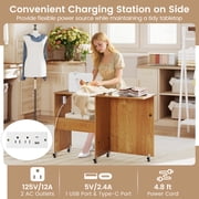 Costway Folding Sewing Machine Table Lockable Casters Rack with 3 Storage Bins & Power Outlets Natural