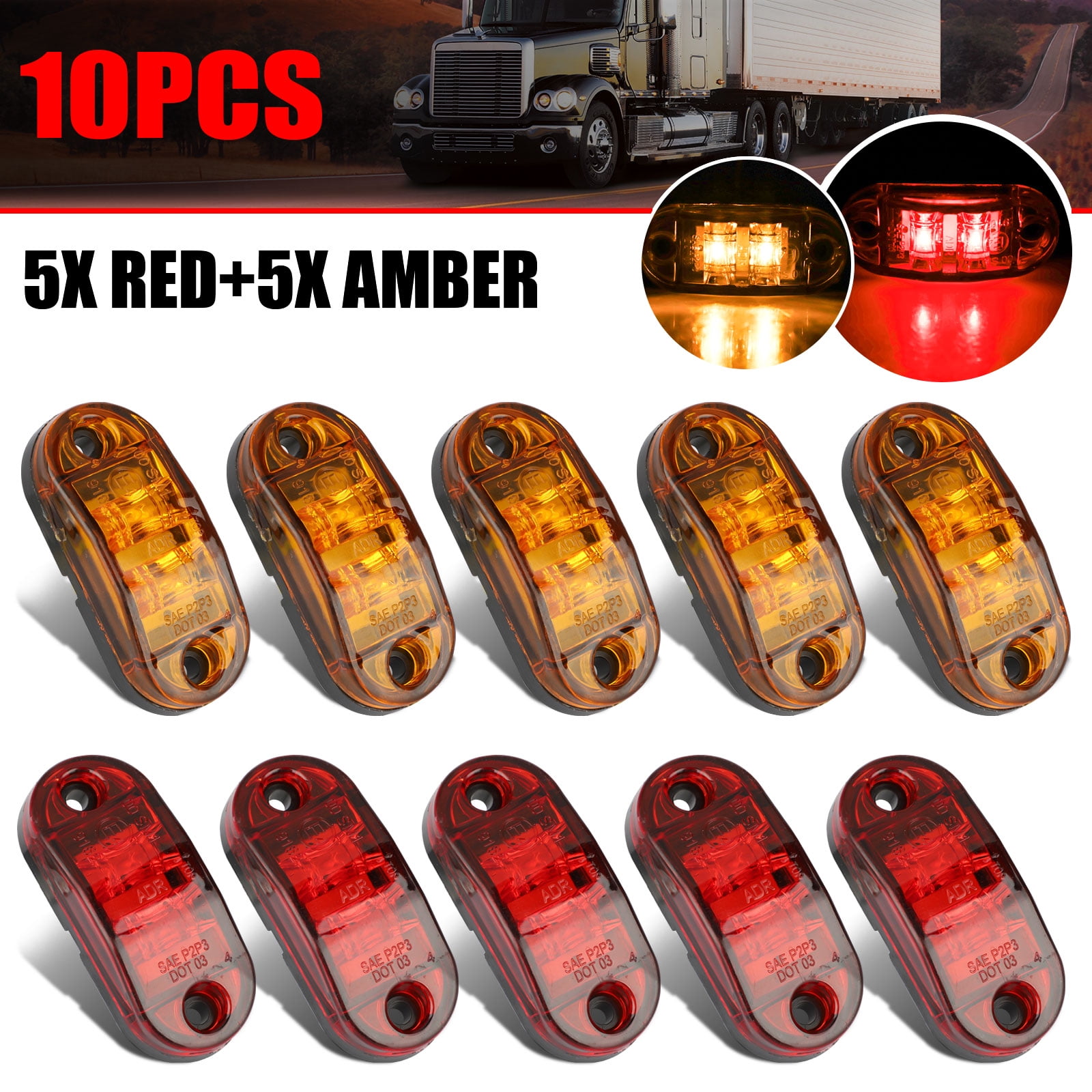 LedVillage Pack of 20 10 Red LED Side Marker Lights Clearance Lamp Ultra Bright Surface Mount Jeep Pickup Van Car Trailer Motorhome Truck GMC 10-30v DC w/Chrome Bezel AA1030 2.5 Inch Mini 10 Amber 