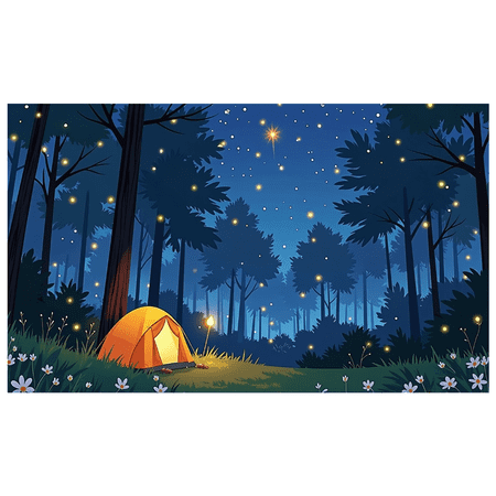 Magical Nighttime Forest Scene Backdrop Banner with Glowing Fireflies Tent and Starry Sky Party Decorations Photography Props Background for Camping Themed Parties Outdoor Gatherings and Photo Booths