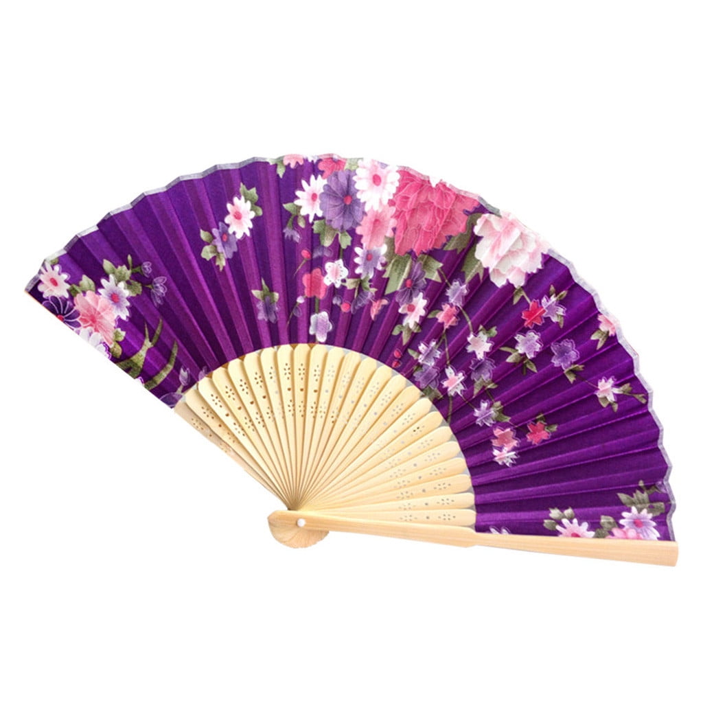 Chinese Japanese Folding Hand Held Fan Black Fan Silk Plum Flower Bamboo Pocket 