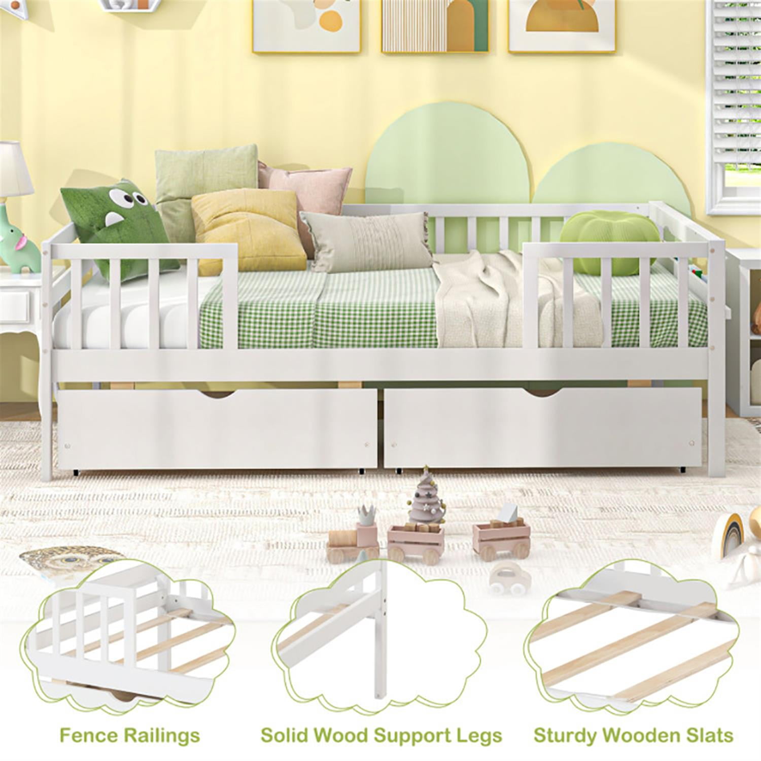 Demi Bonn Twin Daybed with Fence and 2 Drawers, Modern Wooden Bed Frame for Teens, White