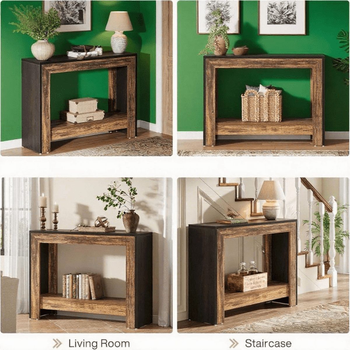 41.3" Farmhouse Console Table - Black Finish with Brown Accents, E1 Particleboard, Open Lower Shelf, Versatile for Entryway, Hallway, Living Room, Behind Couch