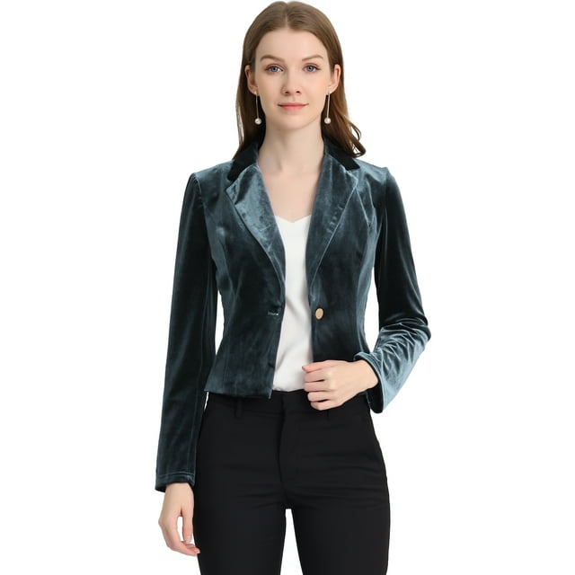 INSPIRE CHIC Chaqueta De Traje De Oficina De Negocios Con Solapa Y 1 Botón De Terciopelo Para Mujer gris azul M