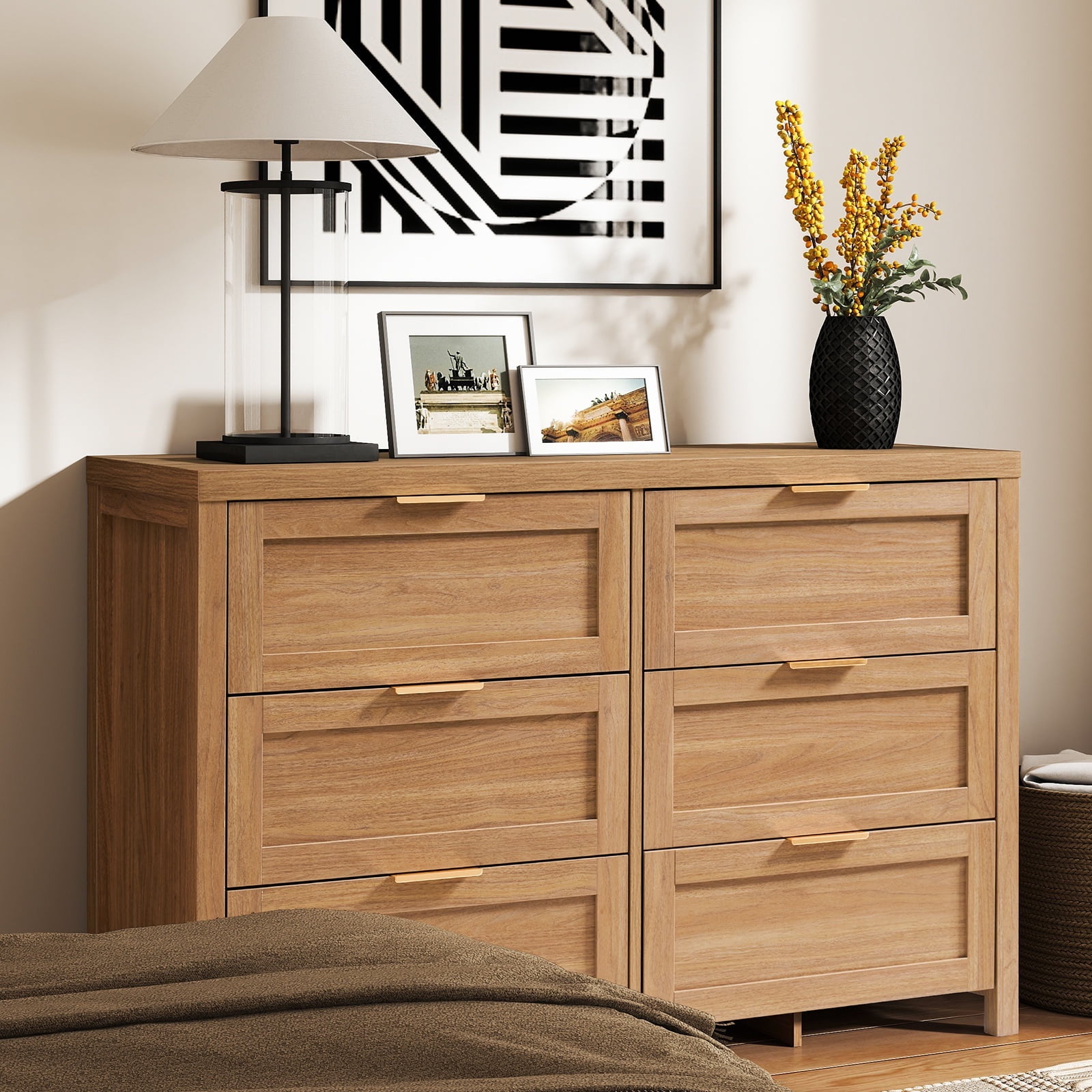 ARKANTOS Wooden 6 Drawer Double Dressers, Wide Chests of Drawers for Bedroom, Natural Oak