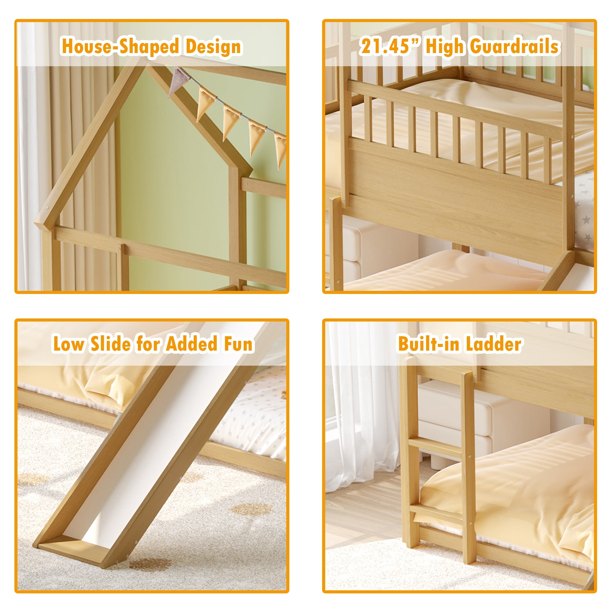 Bellemave House Bunk Bed with Convertible Slide and Ladder Twin over Twin Low Bunk Bed Frame Floor Bunk Bed with High Guardrails for Kids, Boys, Girls (Natural)