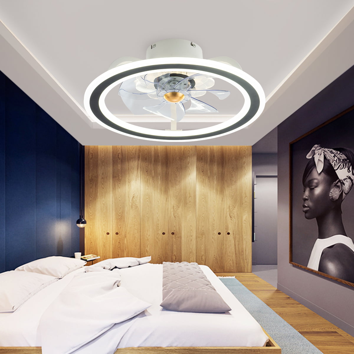 Indoor Ceiling Fan with Lights and Remote Control Dimmable 3 Color 3 Speeds Timing Semi Flush Mount Low Profile Fan for Kids Room Bedroom Living Room Modern Bladeless Ceiling Fan Light