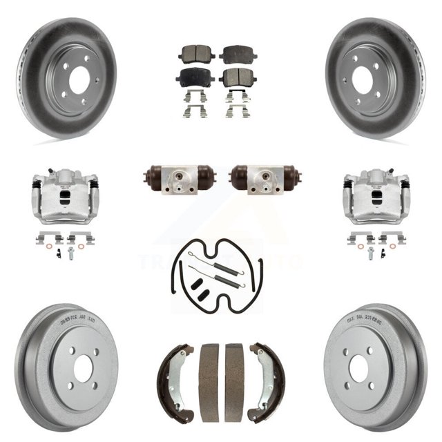 Transit Auto Front Rear Disc Brake Caliper Coated Rotors Drums Semi-Metallic Pads Shoes Wheel Cylinders and Hardware Kit (11Pc) for Car 2006 Pontiac Pursuit 2.2L with Brakes KCG-100383P