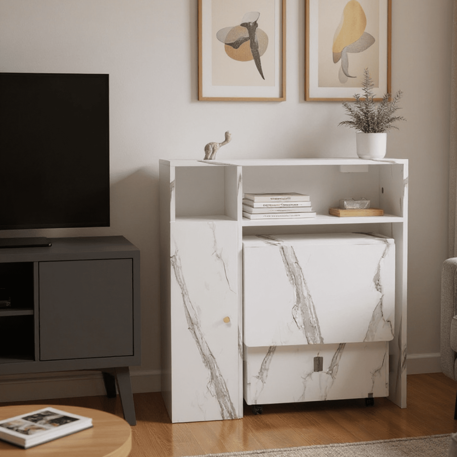 Homy Casa Entryway Console Table with Storage, Folding Design, Faux Marble Finish, White