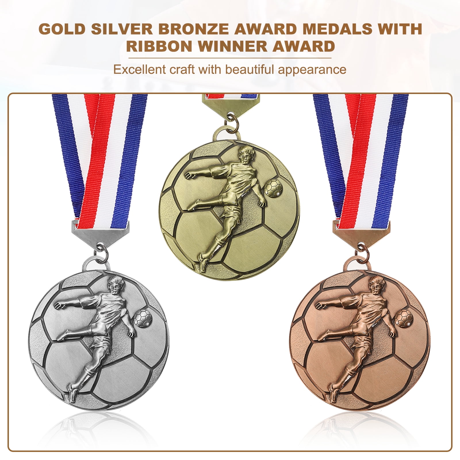 Uxcell Football Events Gold Silver Bronze Award Medals with Red & White & Blue Ribbons, 9 Pcs Winner Medals Prizes for Competitions Sports Party, Gold/Silver/Red