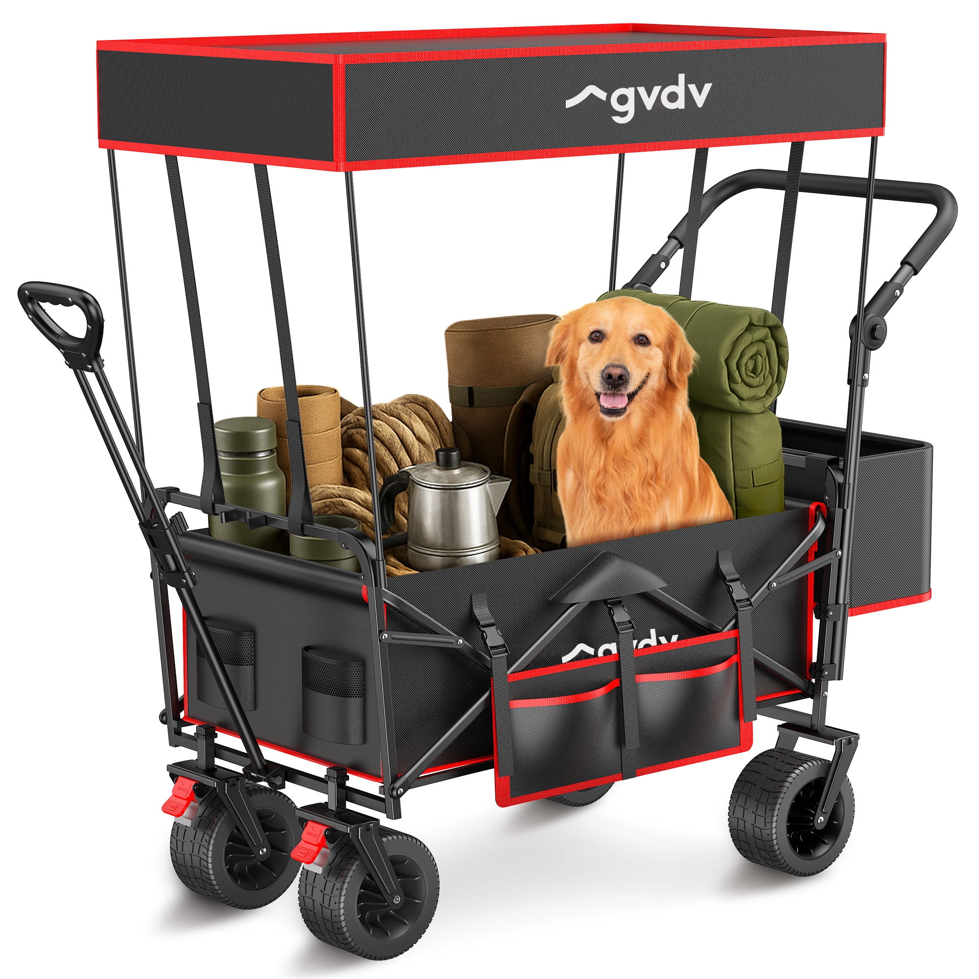 GVDV Collapsible Wagon Cart with Removable Canopy, Foldable Utility Cart with All-terrain Wheels, Versatile Folding Wagon for Kids, Grocery, Shopping and Camping, Black