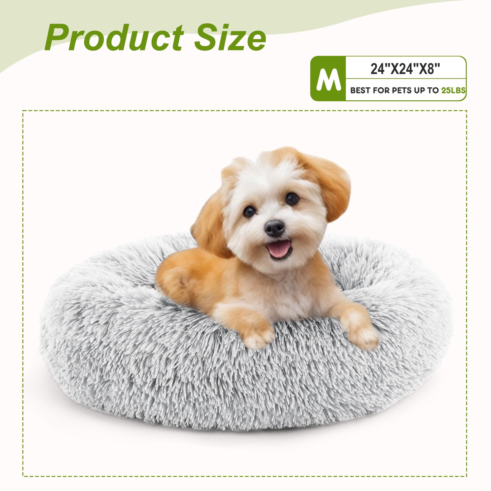 GIANNA Calming 24” Donut Dog Bed for Medium Dogs, Soft Warm Cozy Plush Round Fluffy, Machine Washable, Gray