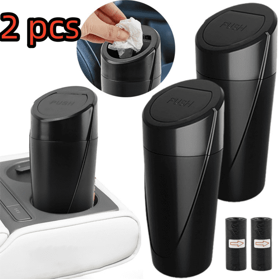 Garbage Can Cup Holder with Lid - Black Mini Leakproof Vehicle Trash Bin with 40pcs Trash Bags - Mini Car Storage Interior Accessories for Car, Vehicle, Office, Home (2PCS)