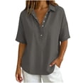 thumbnail image 2 of OGLCCG Cotton Linen Shirts for Women Half Sleeve Lapel Snap Shirt Casual Loose Fit Summer Beach Vacation Blouse Dressy,Gray, 2 of 5