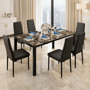 Aiho 6-Seater Modern Dining Table Set with PU Leather Chairs for Kitchen, Small Spaces, Marble