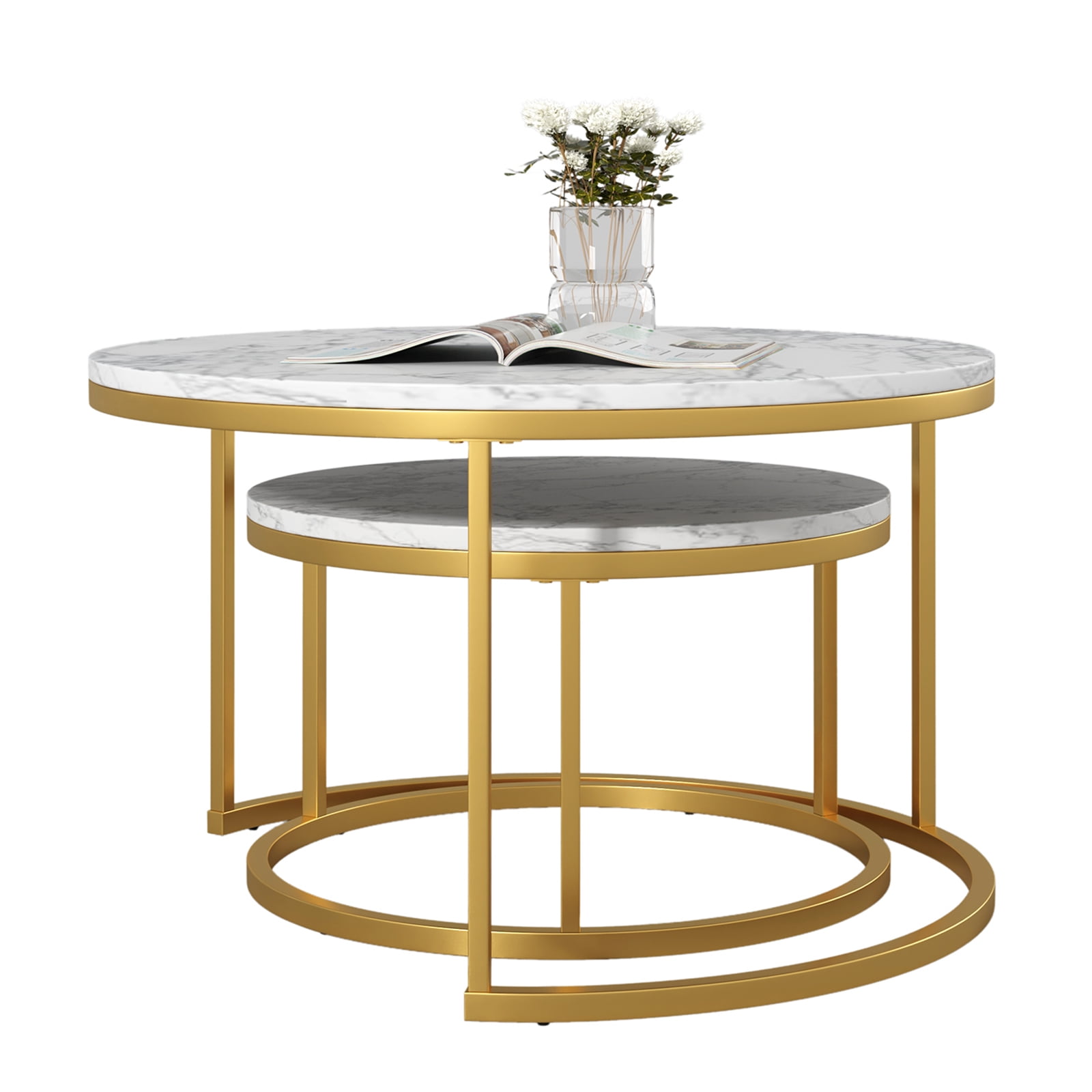 Canddidliike Set of 2 Round Wood Accent Tables, Metal Frame Nesting Coffee Table - Gold