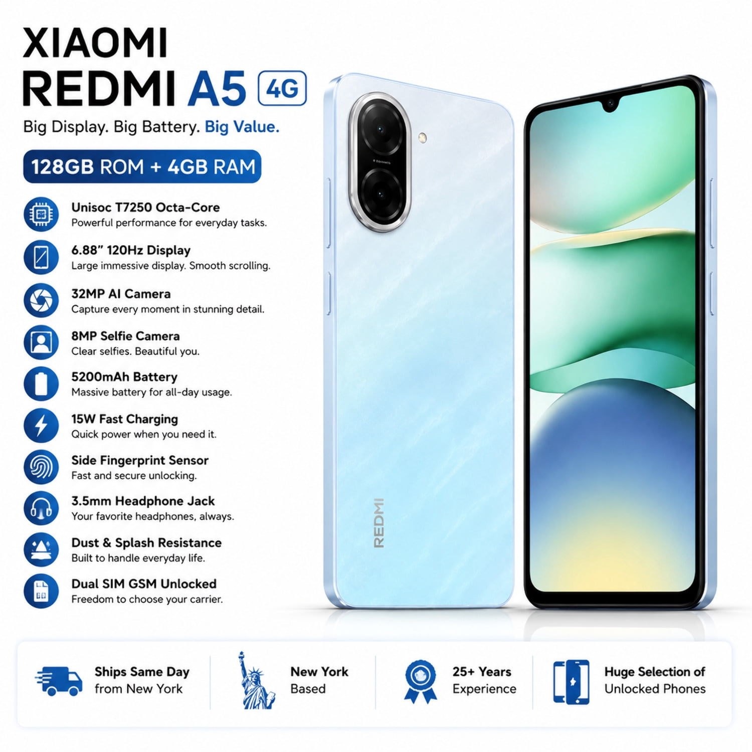 Xiaomi Redmi A5 4G 128GB ROM 4GB RAM Dual SIM GSM Unlocked - Blue